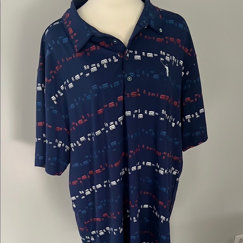 William Murray Golf Polo in Blue with Red, White, Light Blue Beverage Can Design - Picture 3 of 6